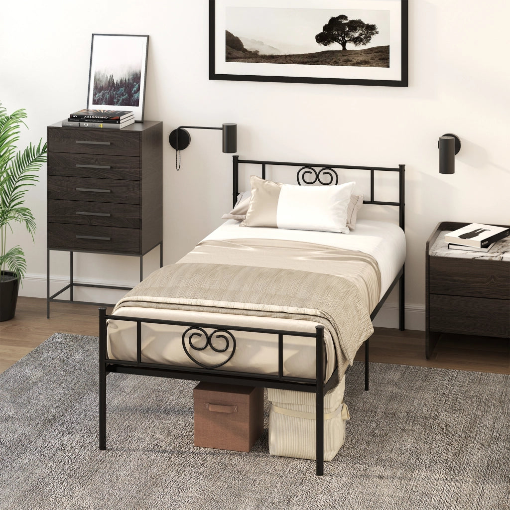 Letto Singolo in Metallo con Testiera a Forma di Cuore ¨C Zephmum ¨C Nero 90x190x31 cm