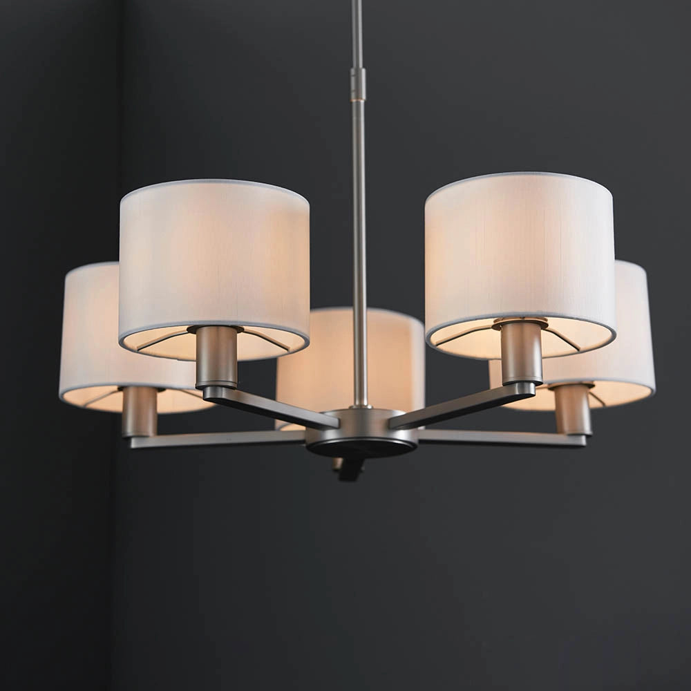 Lampadario 5 luci nichel opaco paralumi bianco E14