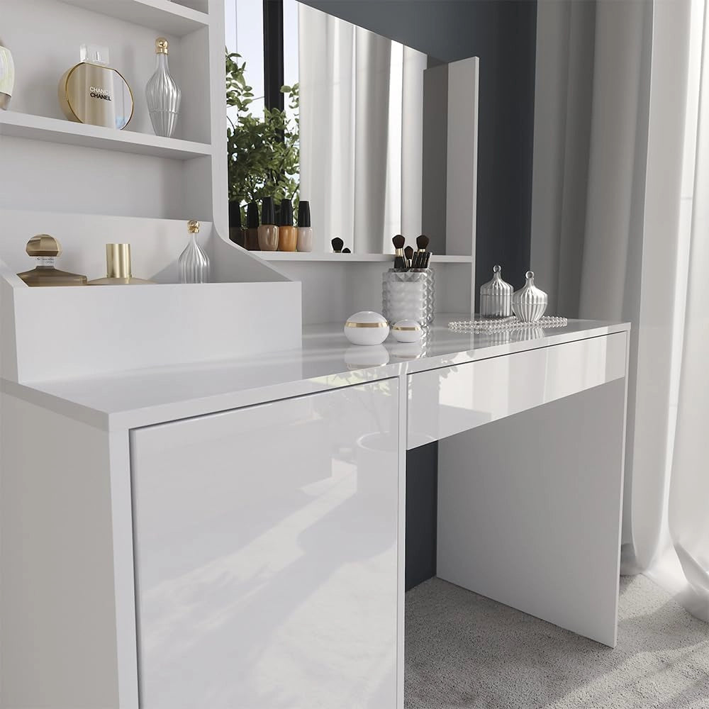 Tavolo da toeletta Sherry, Bianco/bianco lucido, 119.8 cm 3 parti, con specchio superiore per l'uso quotidiano e l'organizzazione