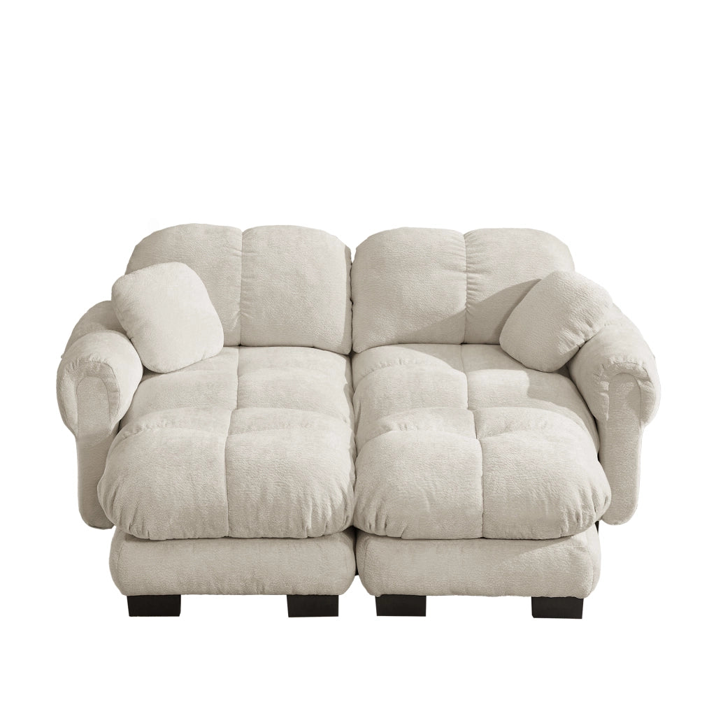 Divano modulare 2 posti con cuscini trapuntati e pouf mobile per soggiorno in ciniglia beige chiaro