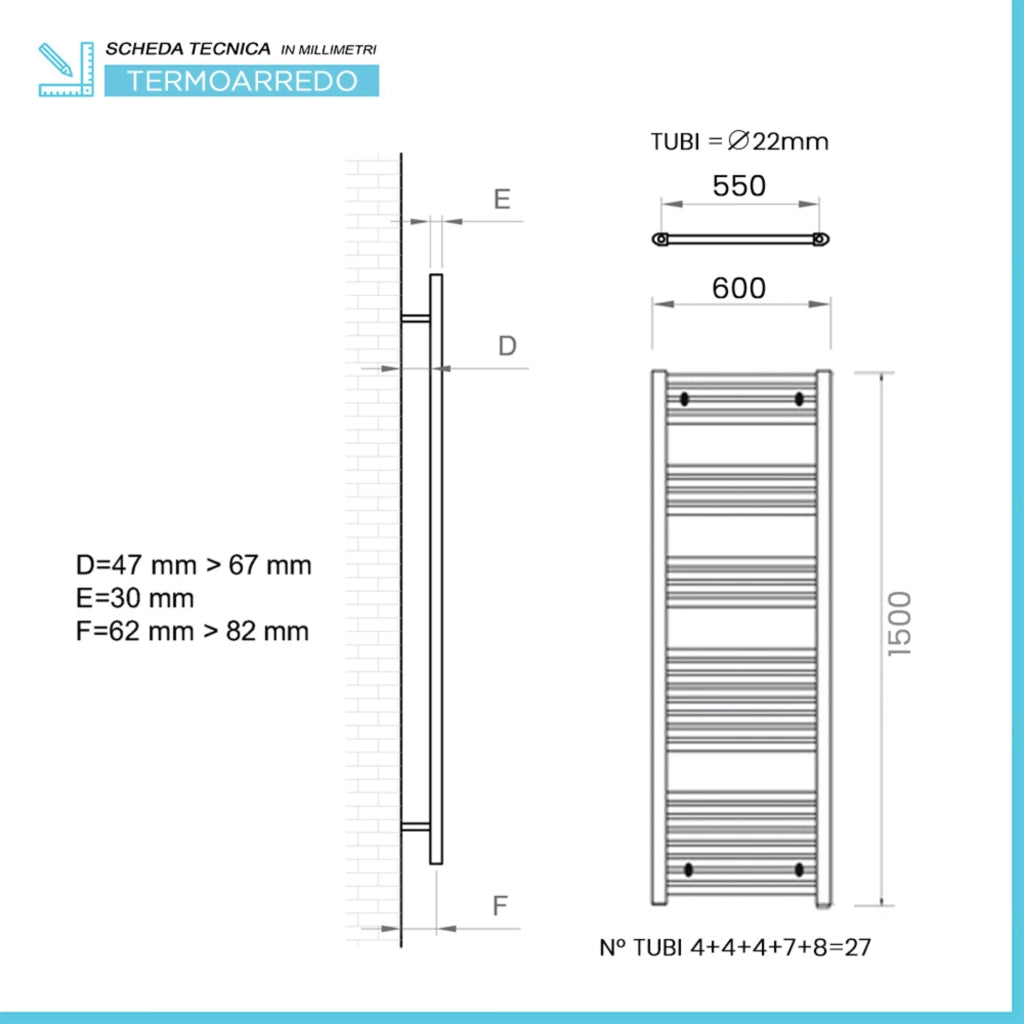 Termoarredo bagno H 150 x L 60 cm in acciaio cromo
