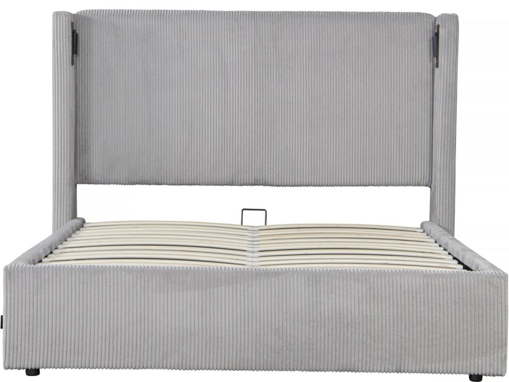 Letto matrimoniale in velluto a coste con cassettiera integrata e lampada "Cortina" - 160 x 200 cm - Grigio