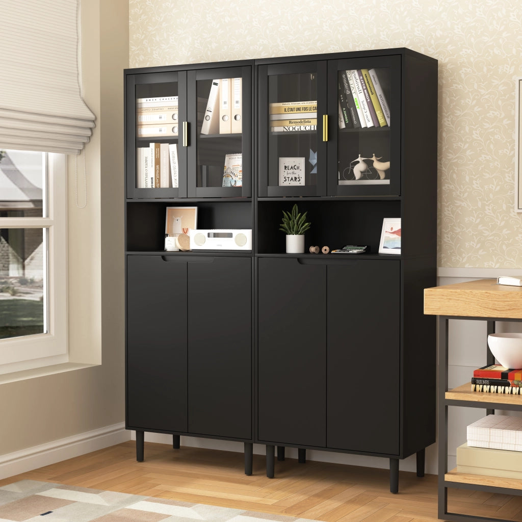 Mobile contenitore alto con ante in vetro temperato ripiani regolabili in MDF nero 60 × 35 × 160 cm
