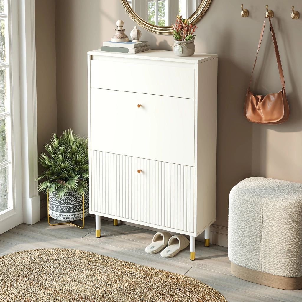 Scarpiera con 1 cassetto e 2 vani a ribalta - in MDF e truciolare - 65×24×104 cm - bianco