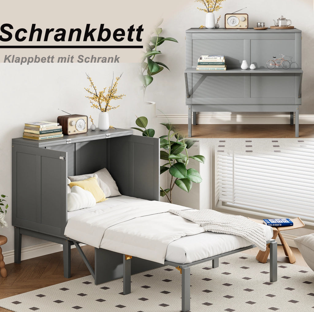 Letto a scomparsa verticale 90x200 cm grigio; struttura salvaspazio in legno