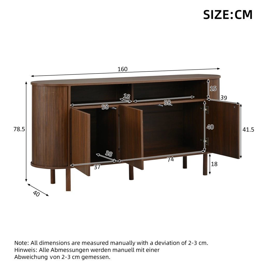 Credenza e madia con 3 ante a onde e 2 vani aperti, per soggiorno, in truciolare, noce, 160 × 40 × 78,5 cm