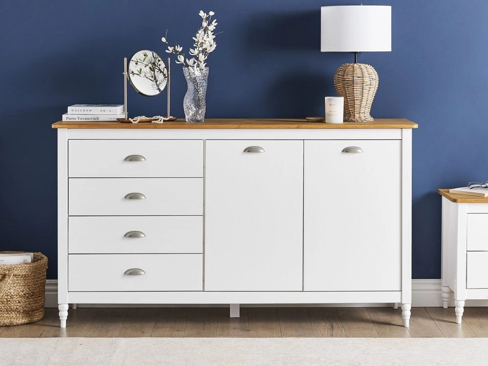 Credenza bianca a 2 ante e 4 cassetti, mobile contenitore in stile scandinavo con piano in legno