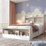Letto per bambini 90x190 cm con 2 cassetti e ripiani; legno massello e MDF bianco e rovere chiaro