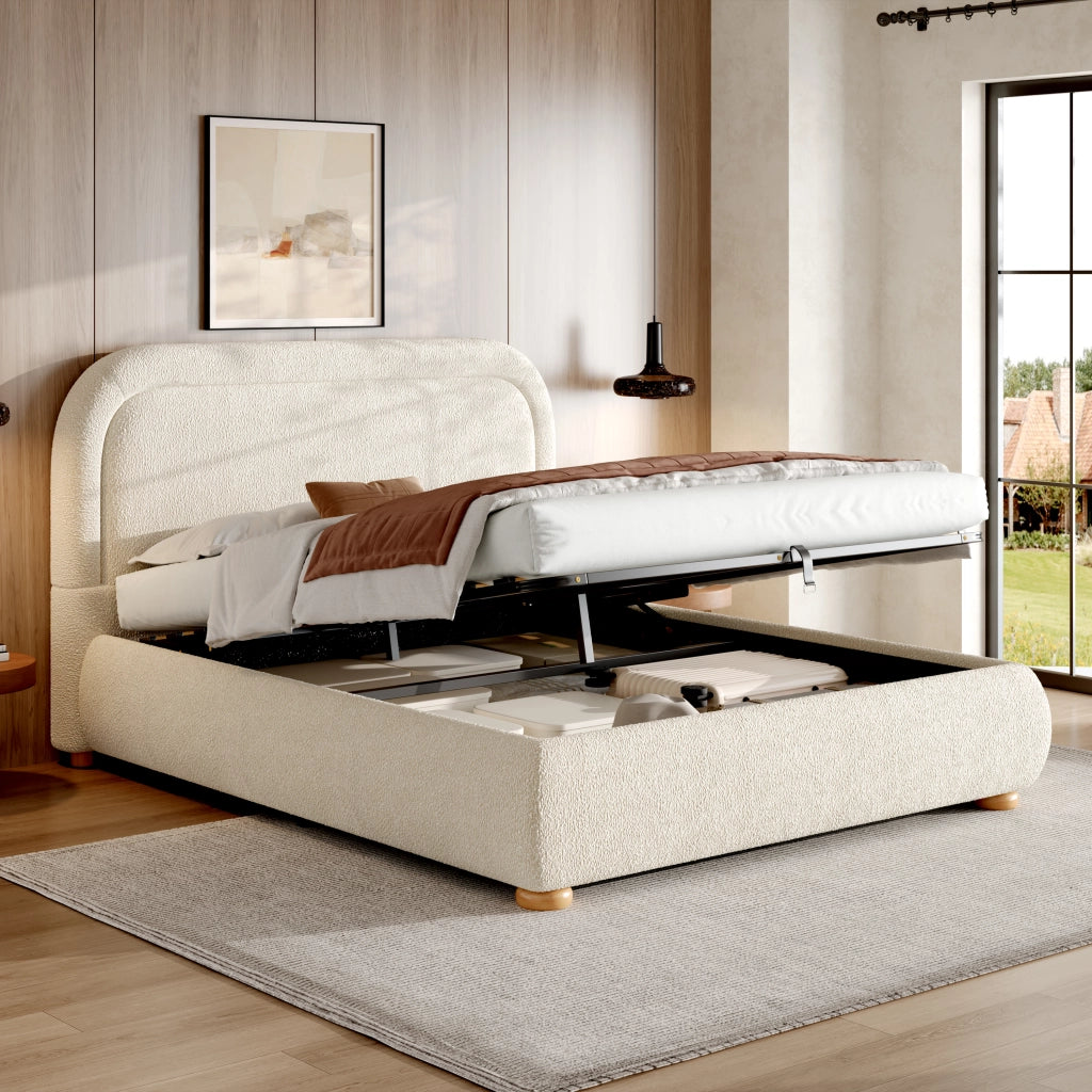 Letto Contenitore Matrimoniale 140 x 190 cm; Rete a doghe e Testiera in Bouclé Beige