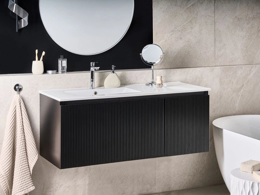 Mobiletto da parete con lavabo in legno massiccio per il bagno con contenitore 120 cm Nero design moderno