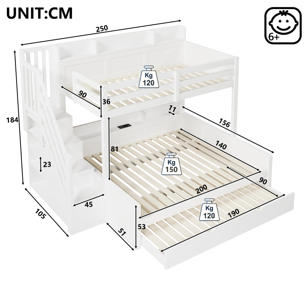 Letto a castello 90×200 cm e 140×200 cm 4 posti, estraibile 90×190 cm, USB e scale contenitore, senza materassi