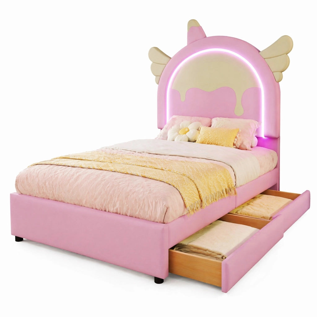 Letto imbottito rosa 90x200 cm con 2 cassetti e luce LED, forma unicorno