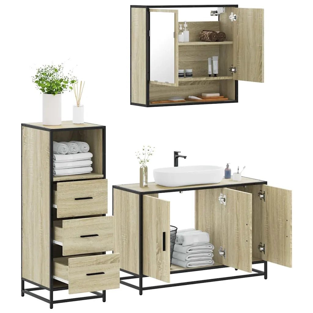 Set Mobili da Bagno 3 pz Rovere Sonoma in Legno Multistrato 3301041