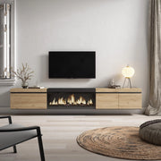 Mobile TV Soggiorno, 288x35x45cm, TV di grande formato, Camino elettrico XXL, da appendere, colore Rovere e nero RF3613