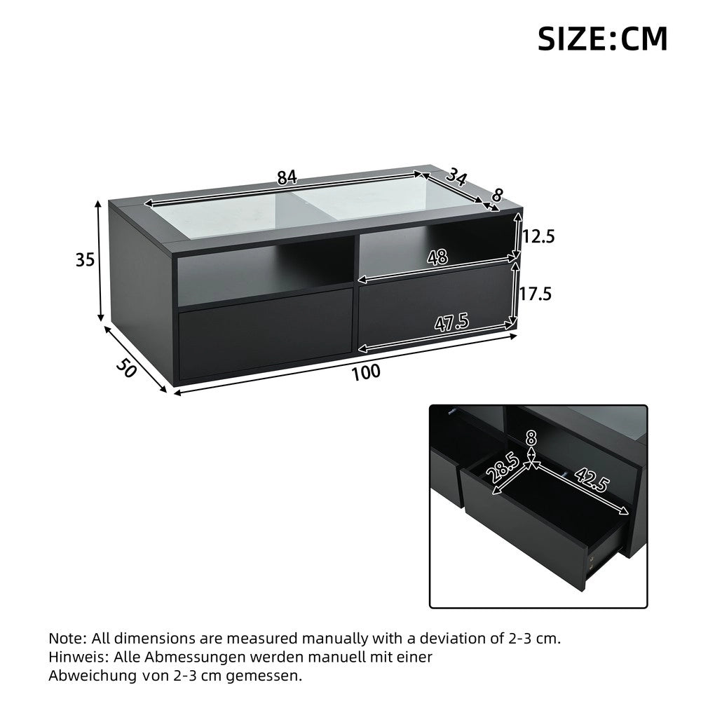 Tavolino da Caff¨¨ con LED e 2 Cassetti ¨C MINIMAL ¨C Vetro Nero, Design Moderno, 100x50x35