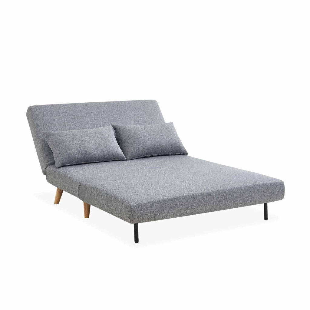 Divano letto in tessuto con gambe in legno, 2 posti, grigio chiaro