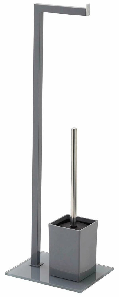 Piantana Porta Rotolo in Vetro con Portascopino Scopino WC Bagno Grigio 810008