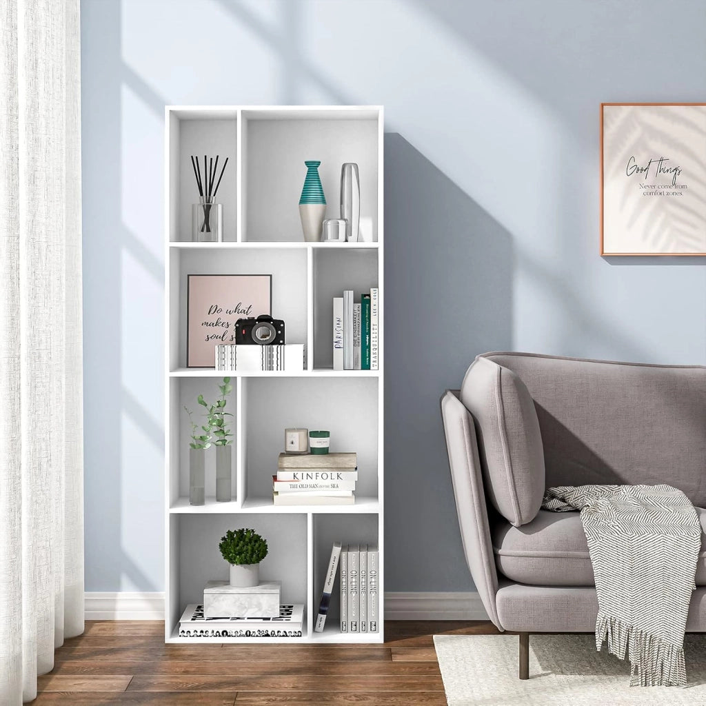 Libreria Scaffale a 4 Ripiani, Libreria a Cubi, Portaoggetti Autoportante, Scaffale Espositivo con 8 Scomparti Aperti, per Salotto Camera da Letto, in Legno Bianco, 60x29x143,5 cm, SK032ws