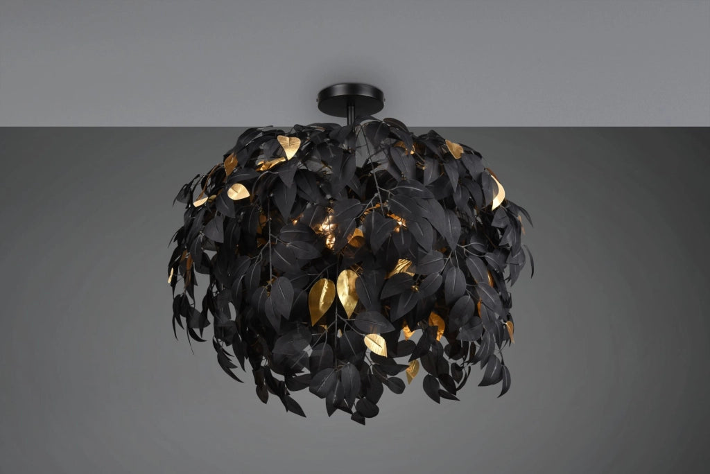 LEAVY PLAFONIERA FOGLIE LAVABILI NERO E ORO D. 70CM 3 LUCI ATTACCO E14