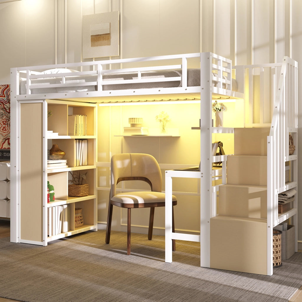 DESMIU Letto a Soppalco 1 Posto con Scrivania, Ripiani, LED e Scala Contenitore 90 × 200 cm Senza Materasso