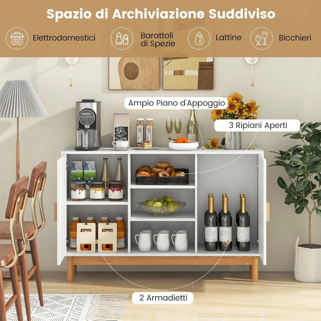 Credenza Buffet da Cucina, Mobile da Cucina con 2 Porte Intrecciate in Bambù, 3 Ripiani Aperti, per Cucina, Sala da Pranzo, Soggiorno e Ingresso, 120 x 35 x 78 cm