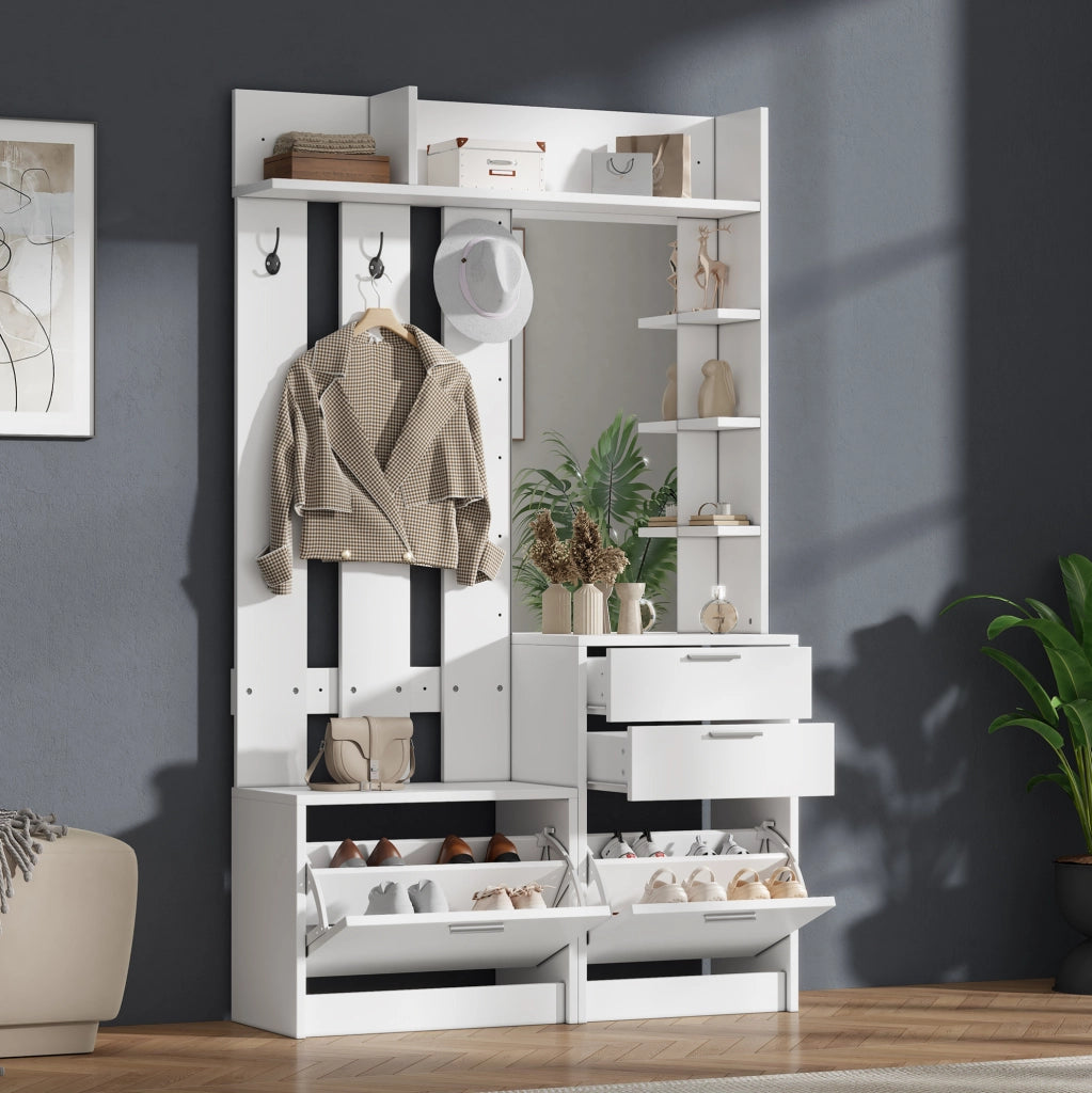 Mobile guardaroba con specchio; 2 cassetti e 2 scarpiere a ribalta in MDF bianco; 110×34×185 cm