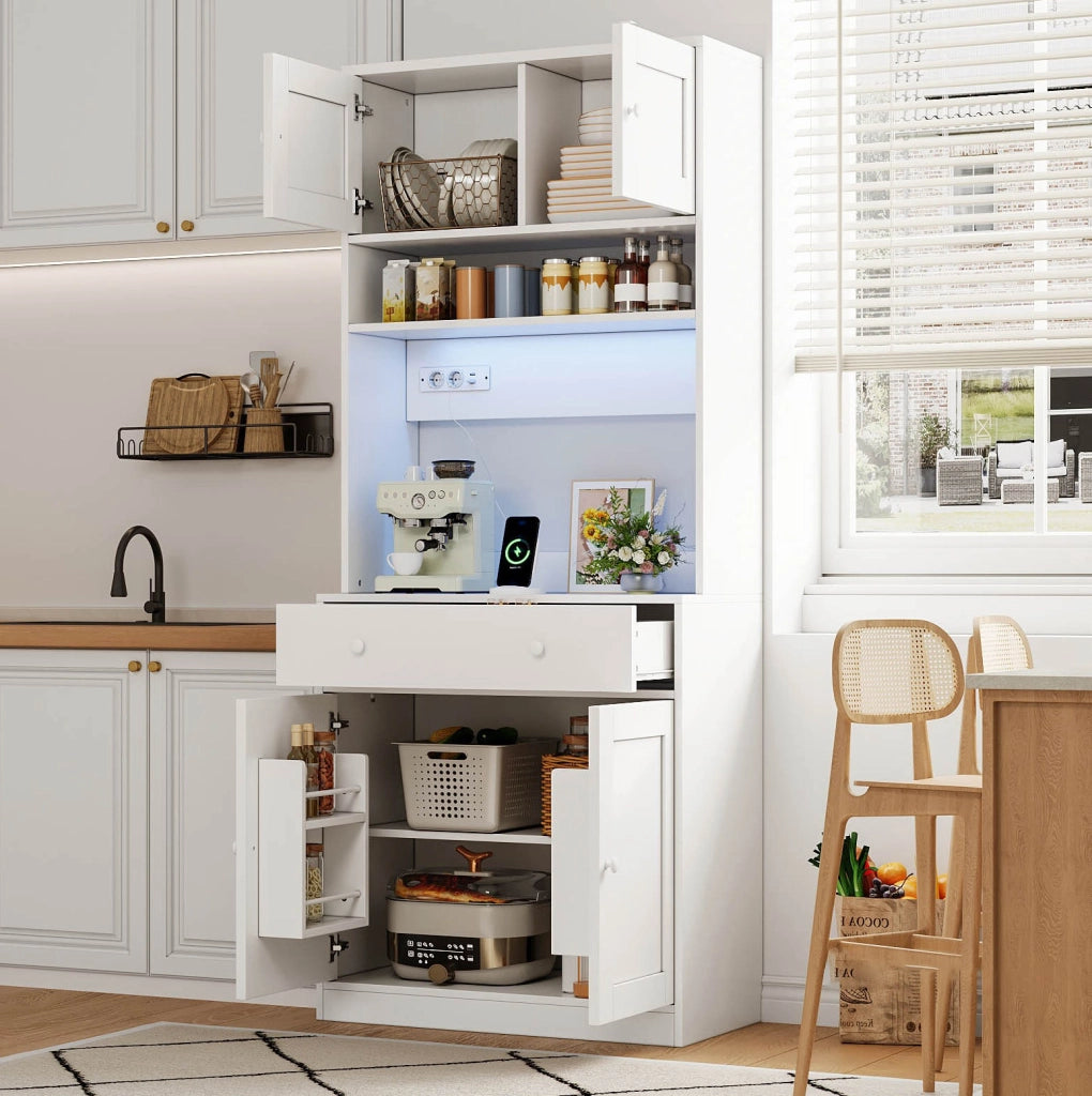 Credenza cucina multifunzione 72x40x180 cm con LED; prese USB e finitura bianca in MDF