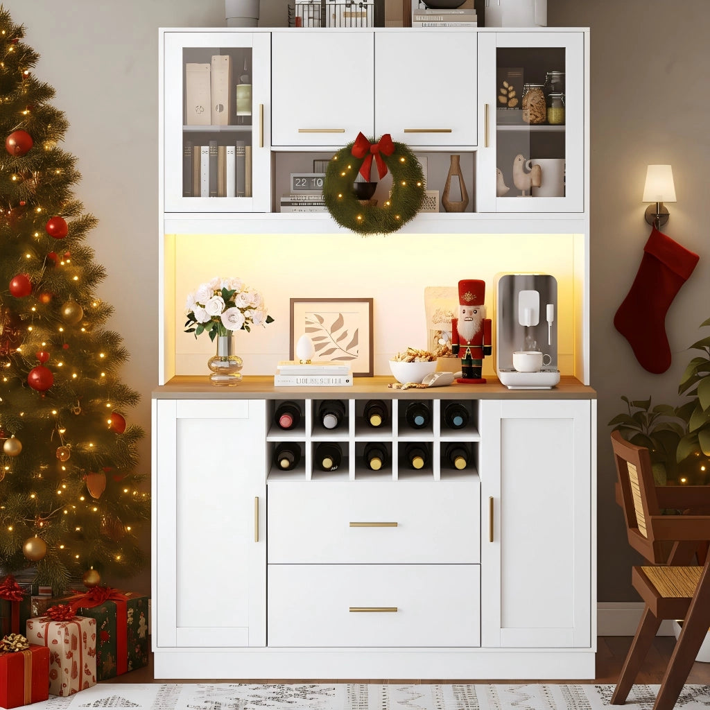Credenza da Cucina con 6 Ante; 2 Cassetti; Portabottiglie; LED e Prese USB; in MDF; 120x36;3x180 cm; Bianco