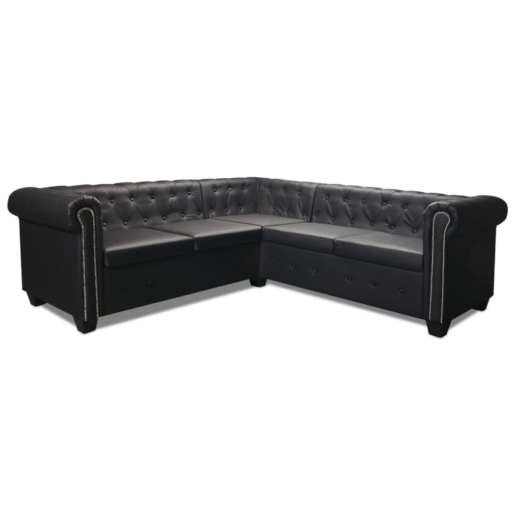 Divano angolare Chesterfield 5 posti in similpelle nera 02_0019699