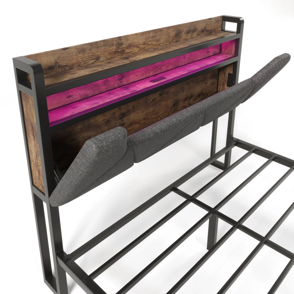 Letto matrimoniale 160x200 cm in lino grigio con testiera contenitore, LED, USB-C, cassetti e rete metallica