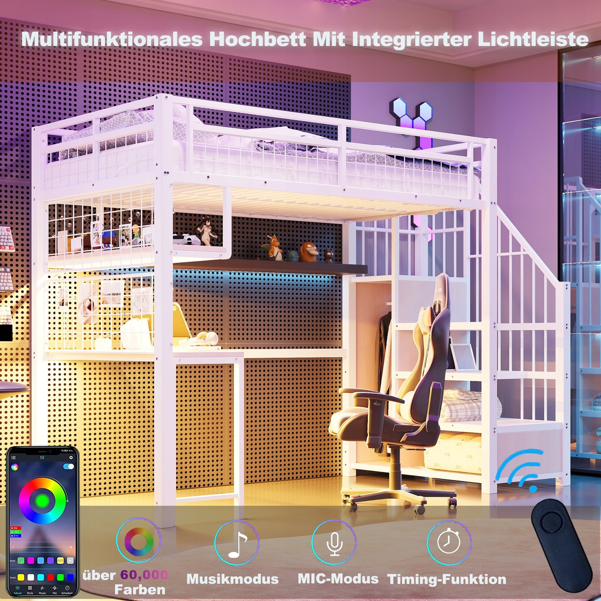 Letto a castello 90x200 - Xylo - Bianco con illuminazione e presa