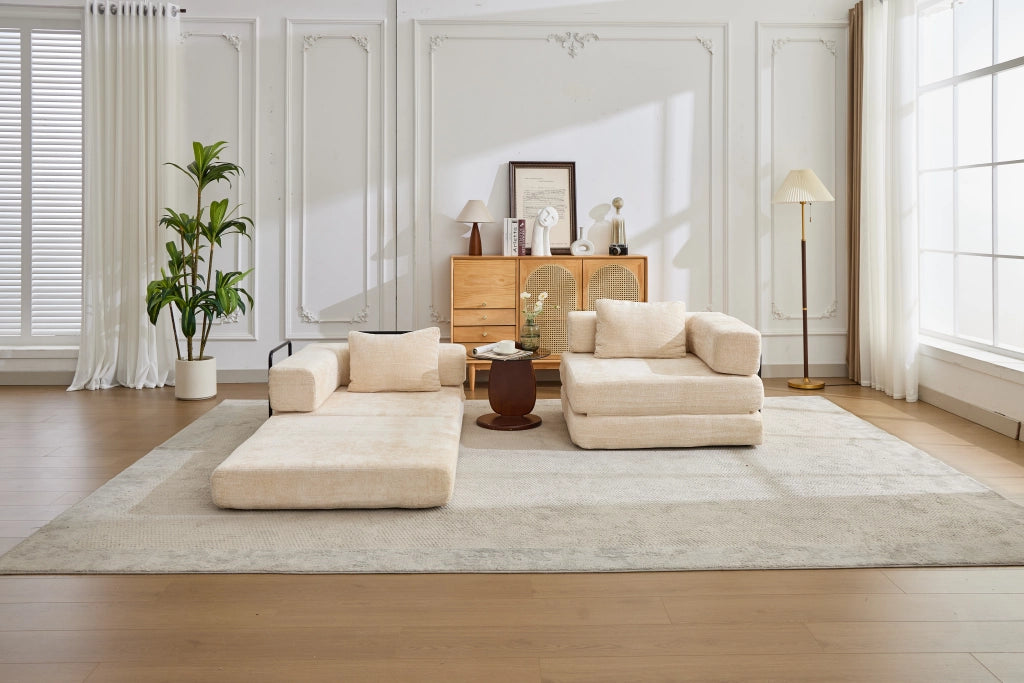 Divano letto modulare pieghevole senza montaggio in ciniglia beige per salotto camera ufficio e sala giochi