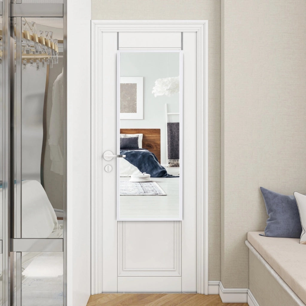Specchio a figura intera per muro o porta con struttura in ferro, Specchio con 2 set di ganci regolabili Bianco-Specchi da parete