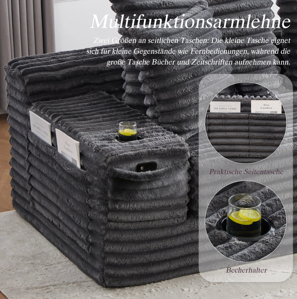 Divano in corduroy grigio scuro con schienale alto; cuscini extra; tasche laterali e portabicchieri; 273 cm
