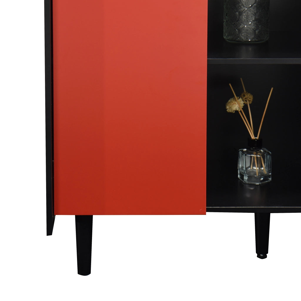 Credenza con 2 cassetti e vano aperto in MDF nero e rosso per soggiorno e sala da pranzo 40 × 90 × 80 cm