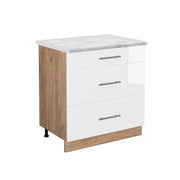 Mobiletto base per cucina Fame-Line Bianco lucido/Rovere dorato 80 cm con 3 cassetti, PL Marmo Vicco