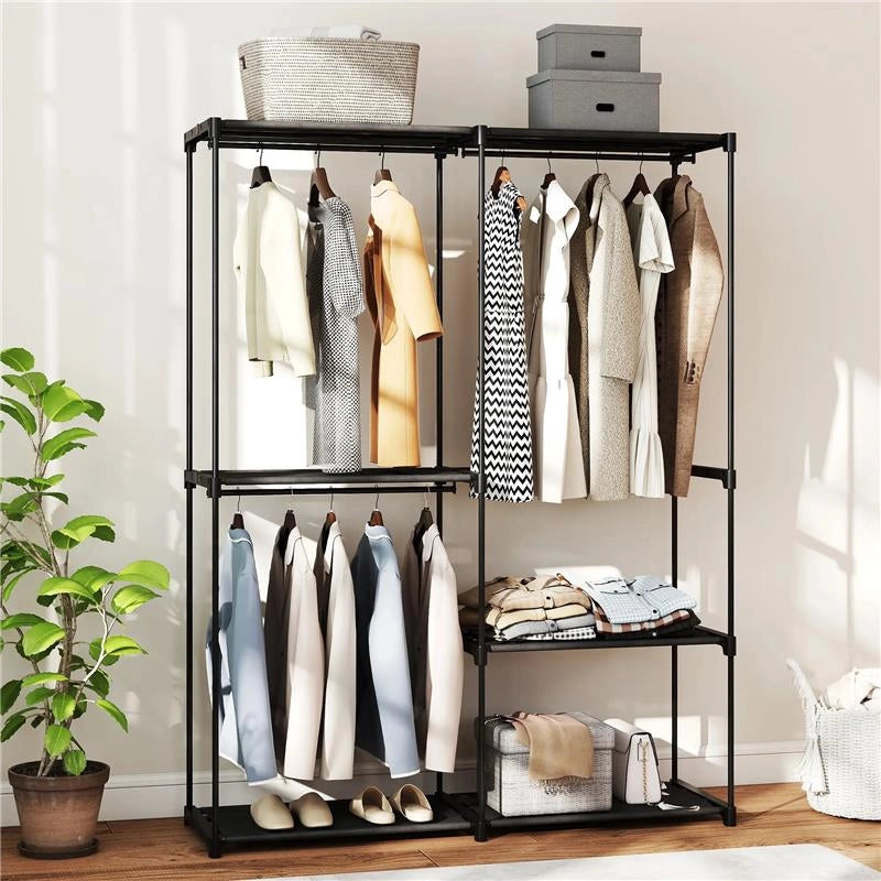 ARMADIO GUARDAROBA CON 2 ASTE E 4 RIPIANI, IN TESSUTO NON TESSUTO, PLASTICA E ACCIAIO, 142X43X185 CM, NERO