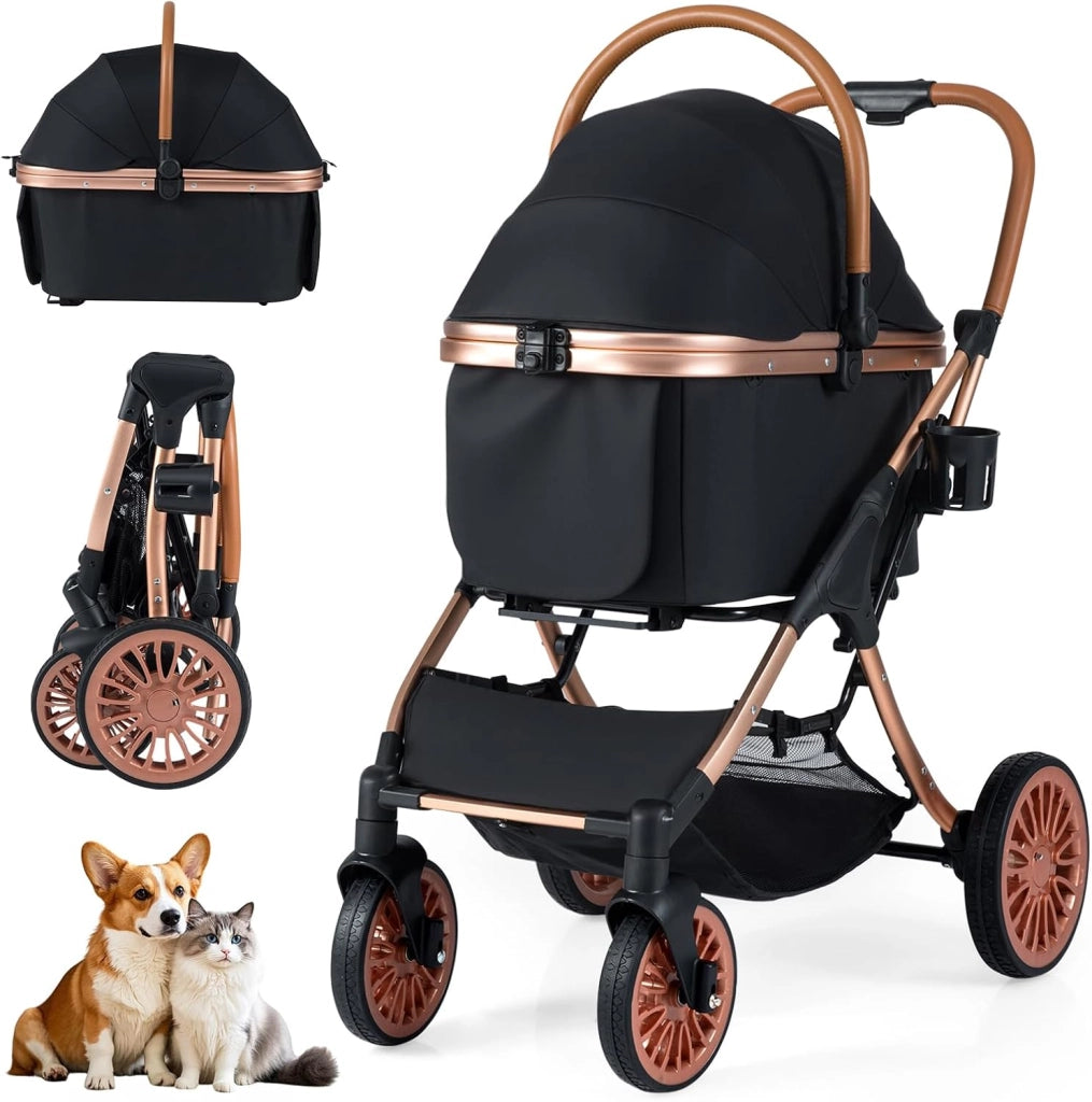 Passeggino Pieghevole per Cani 3 in 1, Carrozzino per Animali con Portapacchi Rimovibile, Tettuccio, Cuscino Rimovibile, Cintura di Sicurezza, Cestino e Portabicchiere, Portata 25 kg
