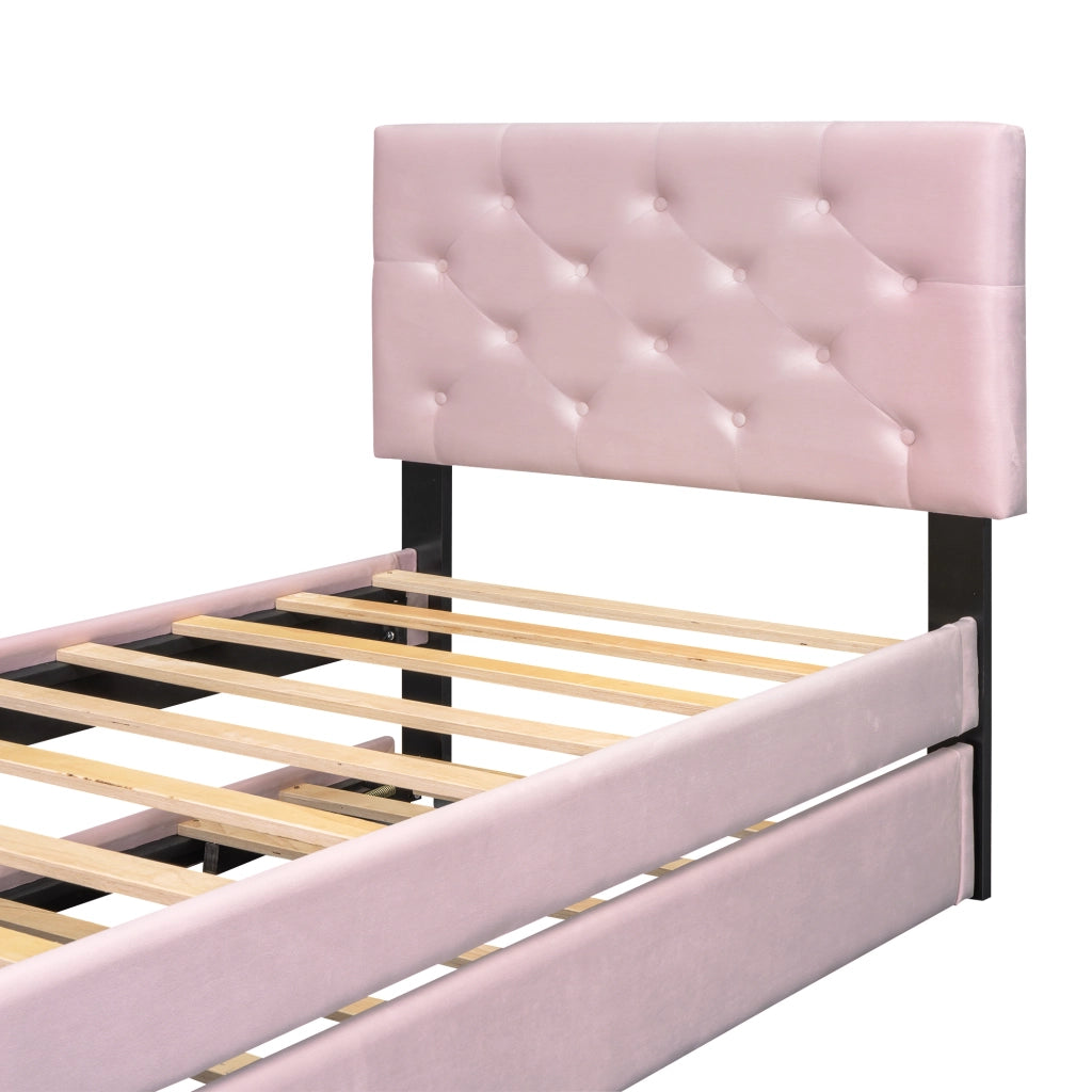 OKWISH Letto a scomparsa 90×200 cm, Letto Singolo con Letto Estraibile reversibile, Testiera con Bottoni e Rete, senza Materasso, Velluto, Rosa