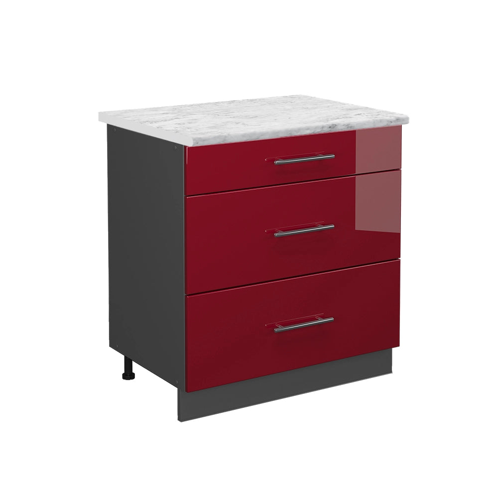 Mobiletto base per cucina Fame-Line Bordeaux lucido/Antracite 80 cm con 3 cassetti, PL Marmo Vicco