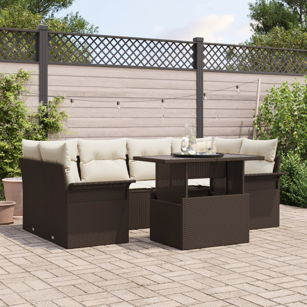 Set Divano Giardino 7 Pezzi con Cuscini Marrone Rattan Polimerico