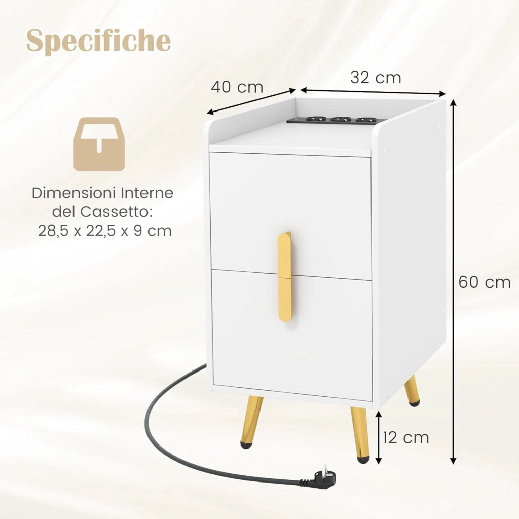 Comodino con Stazione di Ricarica, Comodino con 2 Cassetti, 2 Porte USB e 3 Prese, Tavolino Leterale con Gambe in Metallo, Portata Tolate 20 kg, 32 x 40 x 60 cm (2, Bianco)