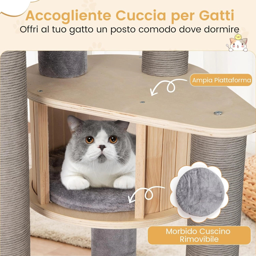Albero per Gatti Alto 197 cm, Tiragraffi per Gatti con Comodo Trespolo Imbottito Superiore, Condominio Privato per Gatti, Materassini Staccabili, Pali per Graffiare e Amaca Confortevole
