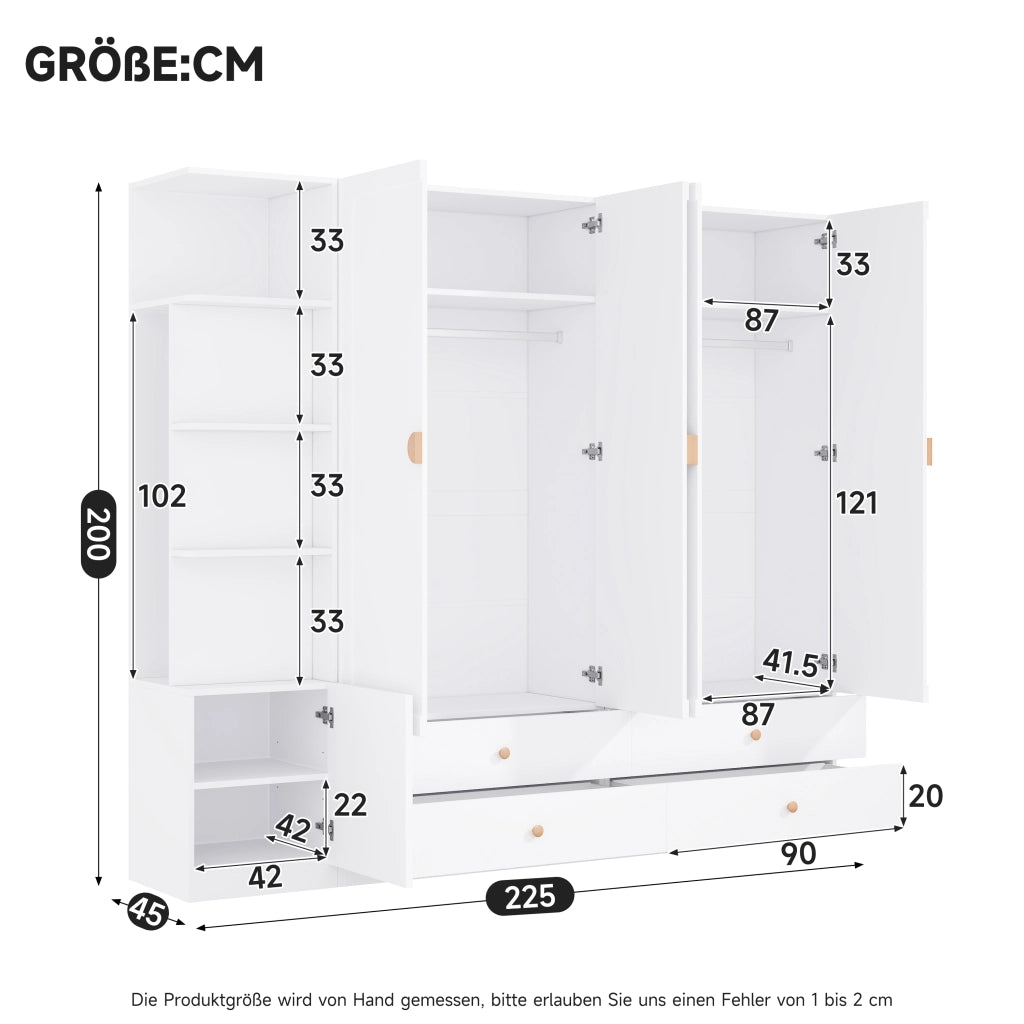 Armadio guardaroba modulare 225x45x200 cm bianco con 3 appendiabiti e 4 cassetti