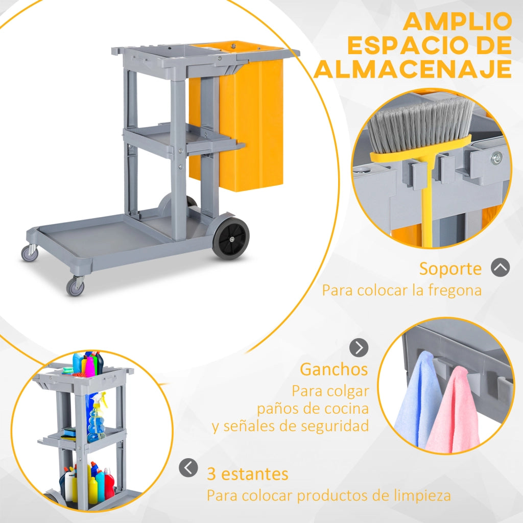 Carrello di Pulizia Professionale ¨C Xylo ¨C 100L con 3 Vassoi e Piattaforma 121x50,5x96,5 cm Grigio Giallo