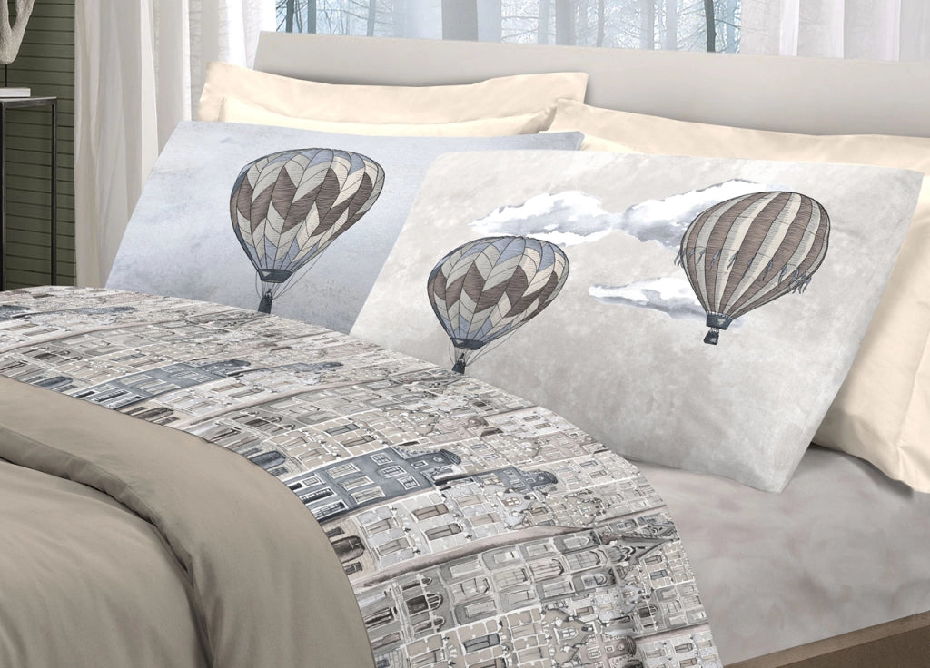 Completo Lenzuola Linea Pensieri Delicati 100% Cotone Disegno Volare - Matrimoniale - Beige