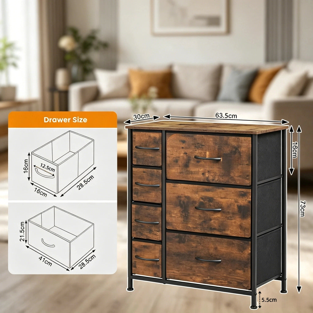 Mobile contenitore vintage con 7 cassetti in tessuto, in metallo e legno, per soggiorno e camera, 63,5 × 30 × 73 cm