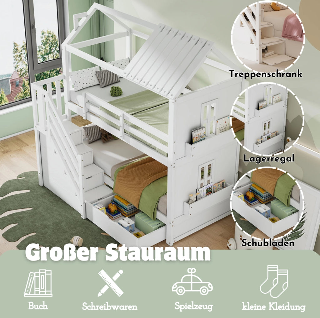 Letto a castello per bambini 90 x 200 cm con scala contenitore bianco