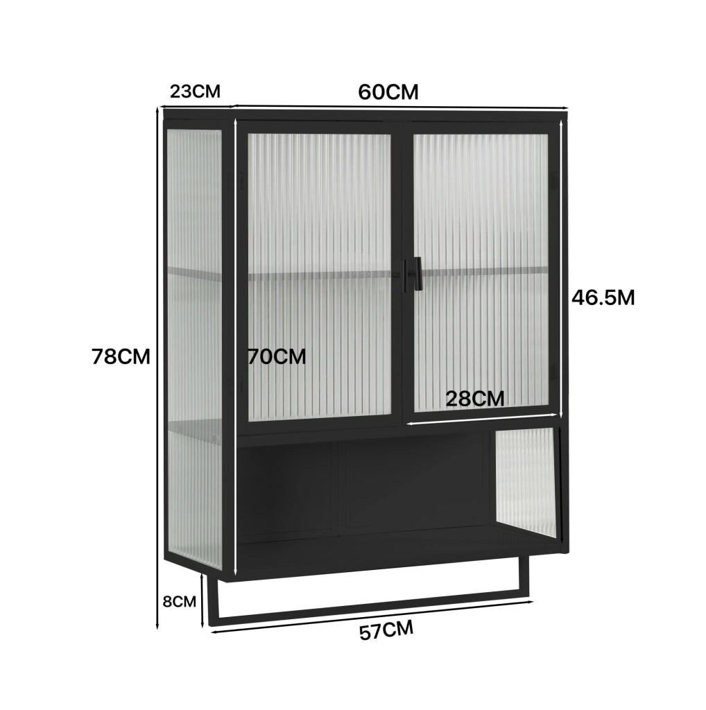 Mobile pensile da parete nero con vetro scanalato, 60×23×78 cm