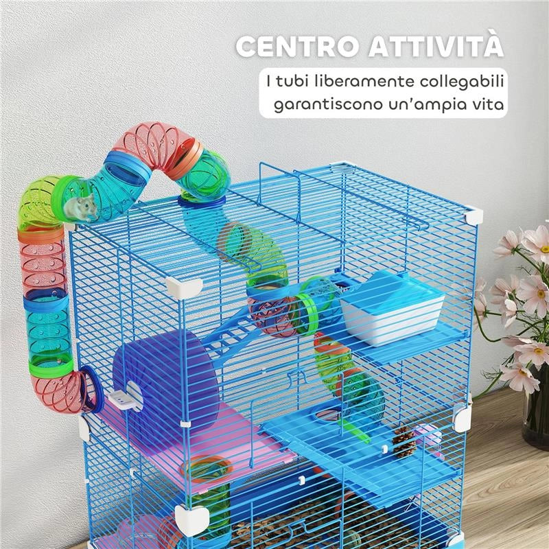 GABBIA PER CRICETI A 5 LIVELLI CON TUBI, RUOTA, SCALE, CASETTA E BOTTIGLIA, 46X30X58 CM